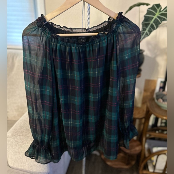 Talbots Dark Plaid Blouse XS green ruffle - Picture 1 of 5